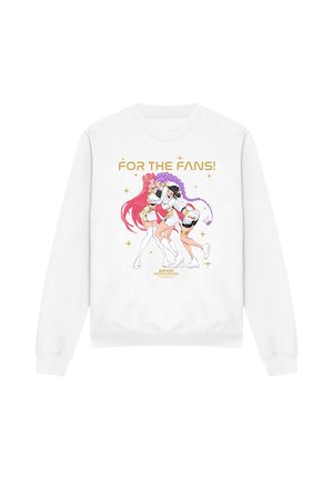 White sweatshirt with colorful illustration of three K-pop style girls hugging, text above reads "FOR THE FANS!" and below "KPOP DEMON HUNTERS."