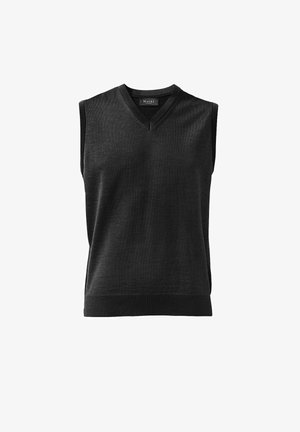 Schwarzer ärmelloser Pullover mit V-Ausschnitt, gerippter Textur und elastischem Saum. Hergestellt aus einem glatten Strickmaterial.