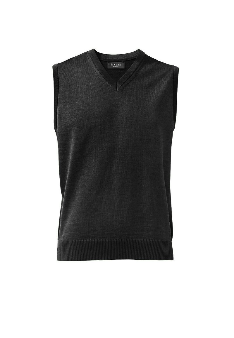 Schwarzer ärmelloser Pullover mit V-Ausschnitt, gerippter Textur und elastischem Saum. Hergestellt aus einem glatten Strickmaterial.