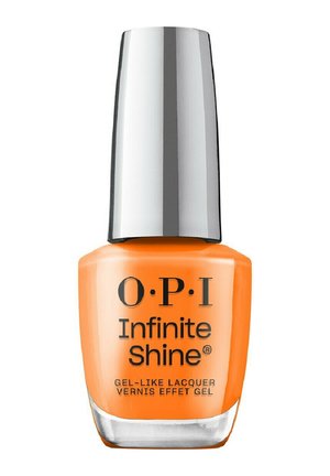 Vernis à ongles OPI Infinite Shine orange vif à effet gel, dans un flacon en verre transparent avec capuchon argenté et texte imprimé en noir.