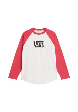 Valkoinen pitkähihainen paita, jossa on punaiset raglan-hihat. Edessä on iso musta "VANS"-logo. Pehmeää puuvillamateriaalia, rento istuvuus.