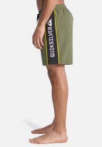 Shorts de bain verts avec un panneau latéral noir portant le texte blanc « Quiksilver » et des accents jaunes. Taille ajustable avec un cordon de serrage. Texture lisse.