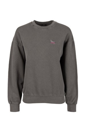 Dunkelgraues Sweatshirt mit langen Ärmeln und kleiner rosa-weißer Lieferwagen-Stickerei auf der linken Brustseite, gerippte Bündchen, Kragen und Saum.