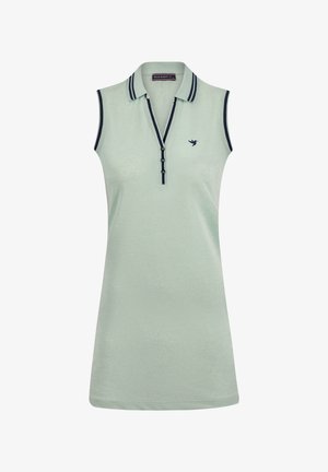 Vestido polo sin mangas en verde claro, con un cuello en contraste de azul oscuro con rayas, tapeta de botones y logo de pájaro bordado.