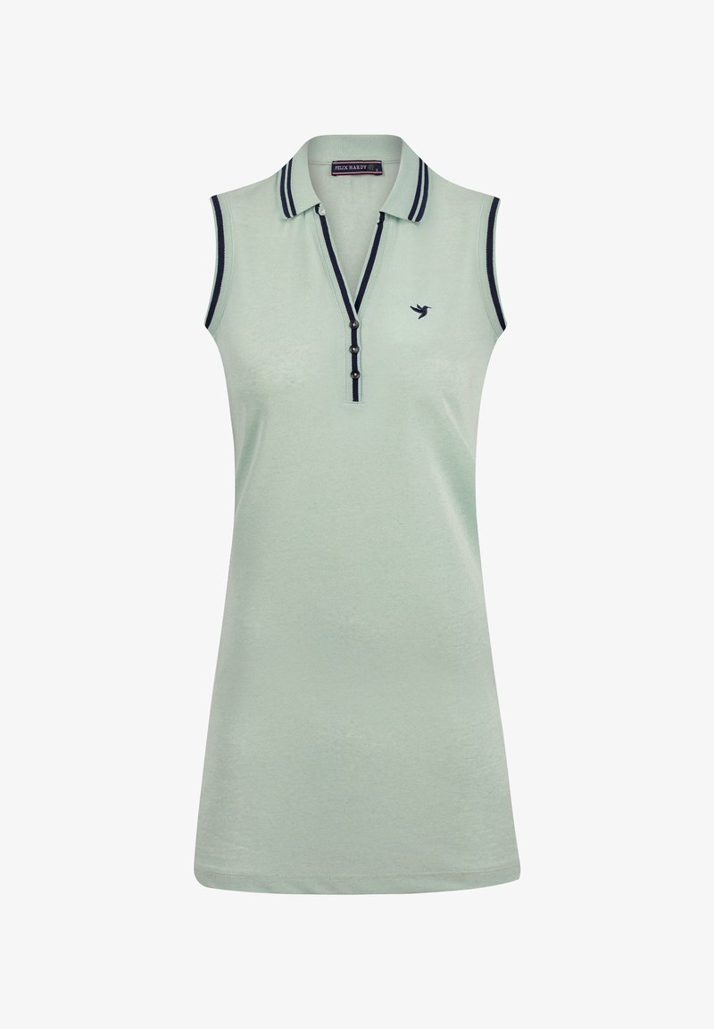 Sukienka polo bez rękawów w jasnym zielonym kolorze, z kontrastującym ciemnoniebieskim kołnierzykiem w paski, listwą guzikową i haftowanym logo ptaka.