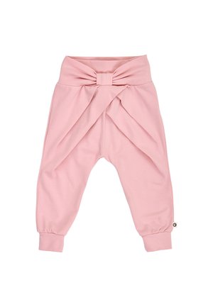 Bløde lyserøde bukser til småbørn med høj talje og stor bundet sløjfedetalje, elastiske manchetter ved anklerne og afslappet pasform.
