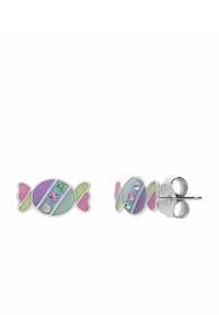 Kleurige, snoepvormige stud oorbellen van metaal, met pastelblauwe, roze en groene accenten en decoratieve edelstenen.