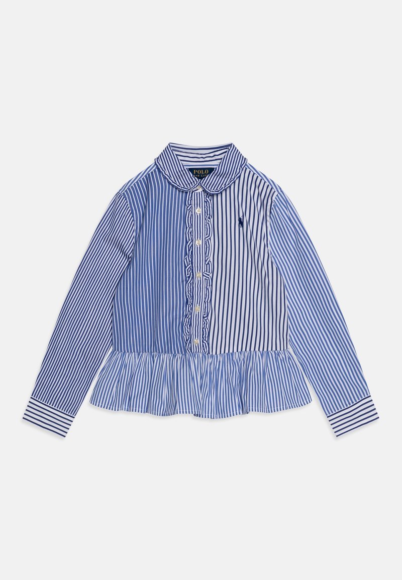 Blouse à manches longues rayée bleu et blanc avec patte de boutonnage froncée à l'avant, col peter pan, ourlet basque et petit logo brodé sur la poitrine.