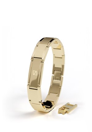 Gold-tone metal watch bracelet with a textured clasp and an additional removable link piece beside it on a white background.