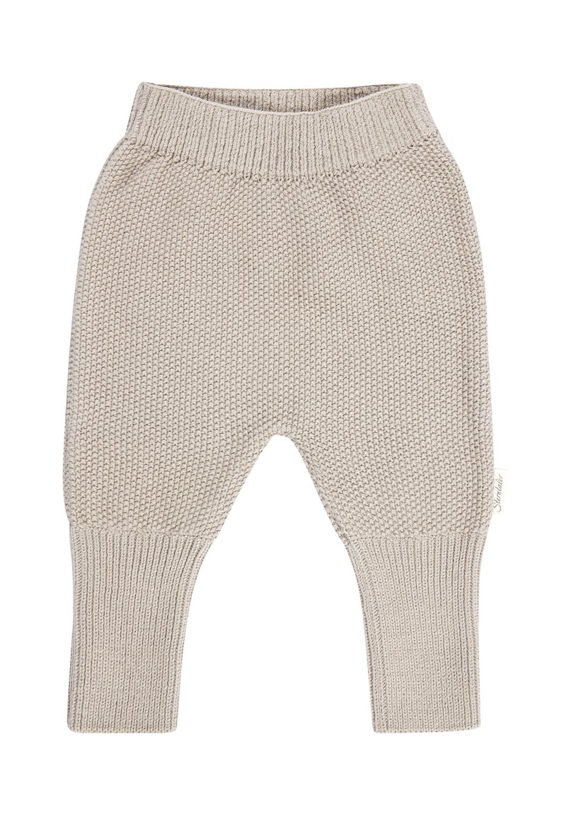 Beige knitted baby pants with ribbed waistband and cuffs, featuring a textured pattern and a small brand tag on the side.