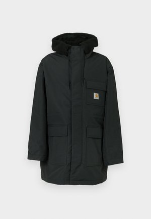 Schwarze Parkajacke mit mit Wolle gefütterter Kapuze, Frontreißverschluss und mehreren Taschen. Hergestellt aus strapazierfähigem Material mit geradem Schnitt und verstellbaren Kordelzügen.