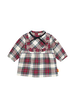 Plaid dress with long sleeves, featuring a ruffled neckline and a gathered waist. Colors include red, navy, and white checks. Soft fabric.