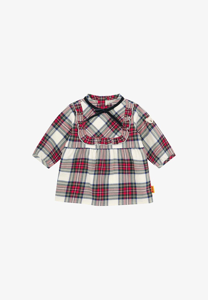 Plaid dress with long sleeves, featuring a ruffled neckline and a gathered waist. Colors include red, navy, and white checks. Soft fabric.