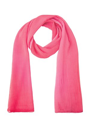 Bright pink ribbed scarf loosely looped with long ends hanging, displayed on a white background.