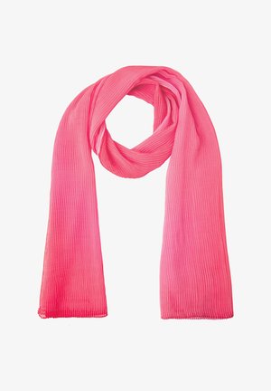 Lyserød ribbet tørklæde løst snoet med lange ender hængende, vist på en hvid baggrund.