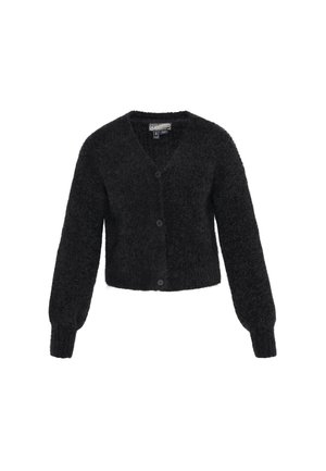Melns, īss kardigāns, izgatavots no pūkaina materiāla, ar V veida kaklu, pogu aizdari un garām piedurknēm, kurām ir ribbed aproces.