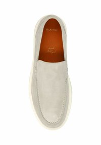 Gray suede slip-on shoe with elastic side accents, a round toe, and a white rubber sole. Interior features tan leather lining.