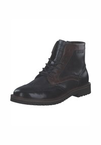 Schwarze und braune Lederstiefeletten mit dekorativer Naht, runder Zehenpartie und Schnürung. Gummi-Sohle für Trittsicherheit.