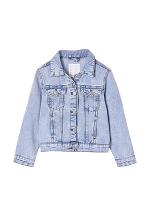 Hellblaue Jeansjacke mit vorderer Knopfleiste, zwei Brusttaschen mit Klappen, langen Ärmeln und klassischem Kragen.