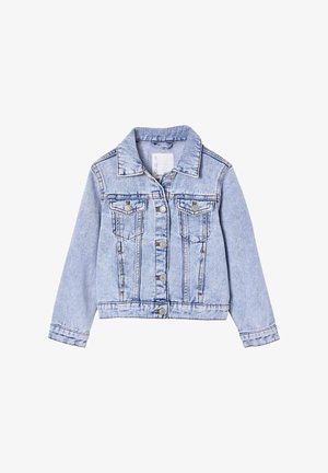 Hellblaue Jeansjacke mit vorderer Knopfleiste, zwei Brusttaschen mit Klappen, langen Ärmeln und klassischem Kragen.