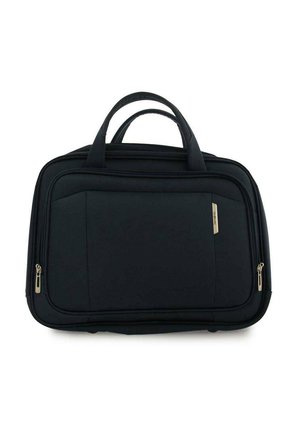 Borsa da viaggio in tessuto morbido nero con due manici e tasca frontale con cerniera, progettata per trasportare e organizzare gli oggetti personali.