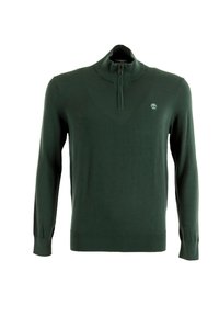Maglione verde realizzato in morbido tessuto a maglia, con un alto colletto, zip a metà e polsini e orlo a coste. Include un piccolo logo.