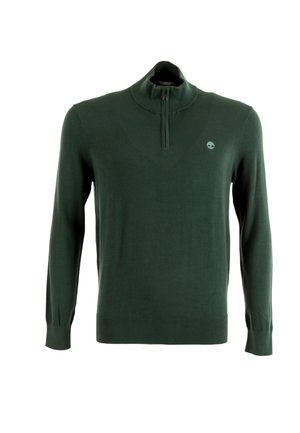 Suéter pullover verde hecho de material de punto suave, con un alto cuello, media cremallera y puños y dobladillo acanalados. Incluye un pequeño logo.