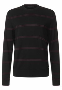 Schwarzer Pullover mit langen Ärmeln und rundem Halsausschnitt, der durchgehend horizontal dunkellilafarbene Streifen aufweist. Hergestellt aus einem glatten, weichen Material.