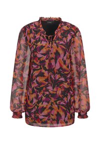 Durchsichtige, langärmelige Bluse mit einem Rüschenausschnitt, die ein mehrfarbiges abstraktes Muster aus Pink-, Orange- und Schwarztönen zeigt.