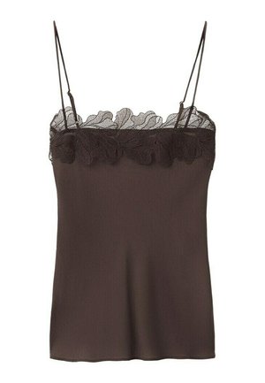 Débardeur marron sans manches avec fines bretelles et délicate dentelle le long de l'encolure.