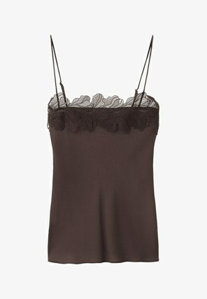 Brown sleeveless camisole top with thin straps and delicate lace trim along the neckline.