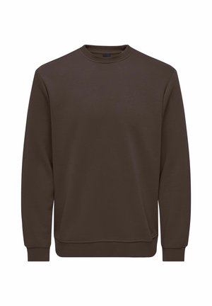 Plain dark brown crewneck sweatshirt with long sleeves and ribbed cuffs and hem on a white background.