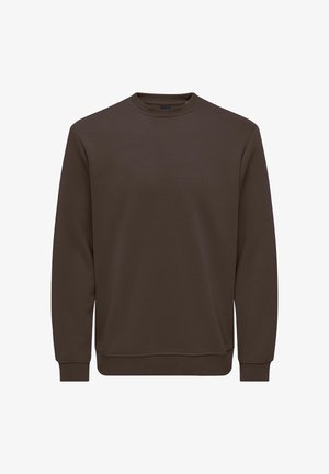 Plain dark brown crewneck sweatshirt with long sleeves and ribbed cuffs and hem on a white background.