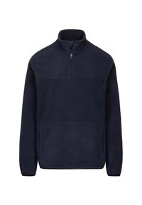 Pullover in pile blu navy con colletto a metà zip, tasca frontale, cuciture piatte e un discreto dettaglio del logo sul petto. Materiale morbido e testurizzato.