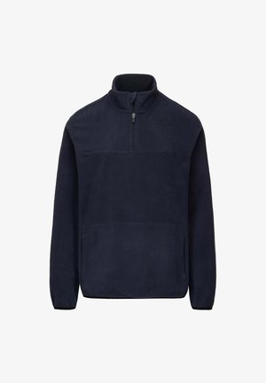 Pullover in pile blu navy con colletto a metà zip, tasca frontale, cuciture piatte e un discreto dettaglio del logo sul petto. Materiale morbido e testurizzato.