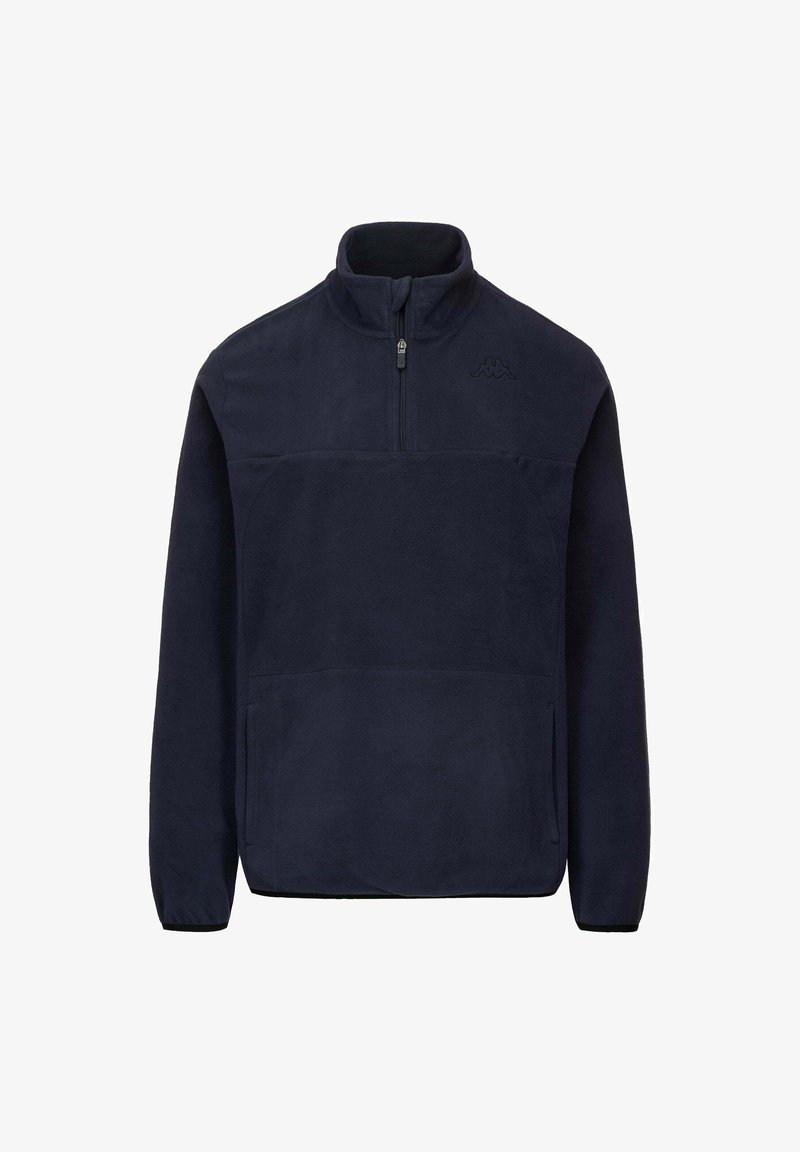 Pullover in pile blu navy con colletto a metà zip, tasca frontale, cuciture piatte e un discreto dettaglio del logo sul petto. Materiale morbido e testurizzato.