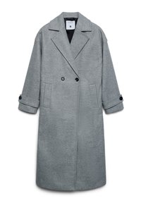 Szary wełniany płaszcz o podwójnym zapięciu, z klapami w szpic i zawiniętymi rękawami. Posiada dwie boczne kieszenie oraz czarne guziki.