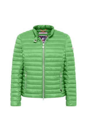 Green lightweight puffer jacket with quilted texture, zippered front, stand collar, and two zippered side pockets. Accent stitching visible.