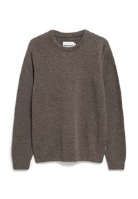 Brauner strukturierten Pullover mit Rundhalsausschnitt und gerippten Bündchen. Verfügt über ein dezentes Muster und ein kleines Logo-Tag am Saum.