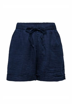 Shorts décontractés bleu marine avec taille élastique, cordon de serrage avant réglable, deux poches latérales et ourlet retroussé.