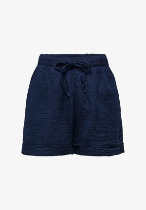 Shorts décontractés bleu marine avec taille élastique, cordon de serrage avant réglable, deux poches latérales et ourlet retroussé.