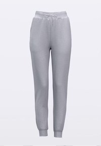 Gray sweatpants featuring a drawstring waist, side pockets, and tapered cuffs, made from a soft, textured fabric.