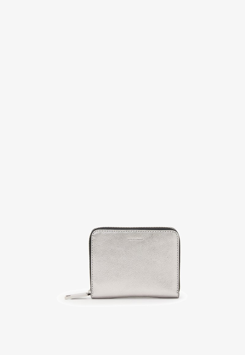 Silver leather wallet with a smooth texture, zip closure, and a rectangular shape, featuring minimalist design and subtle branding on the front.