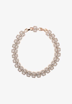 Narukvica od roza zlata sa povezanim dizajnom u obliku srca ukrašenim malim dijamantima, koja tvori kružni lanac s kopčom.