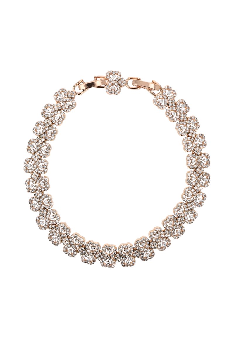 Armband aus roségold mit verbundenen herzförmigen Designs, verziert mit kleinen Diamanten, die eine kreisförmige Kette mit einem Verschluss bilden.