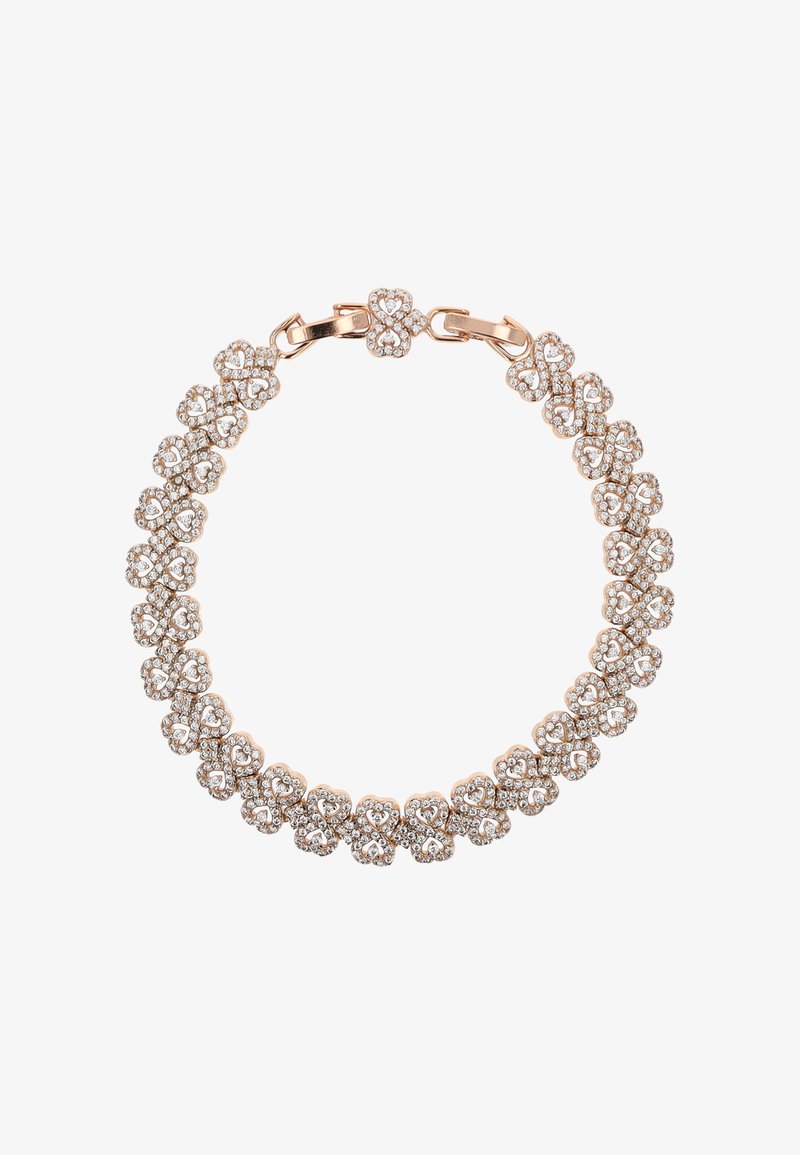Armband aus roségold mit verbundenen herzförmigen Designs, verziert mit kleinen Diamanten, die eine kreisförmige Kette mit einem Verschluss bilden.