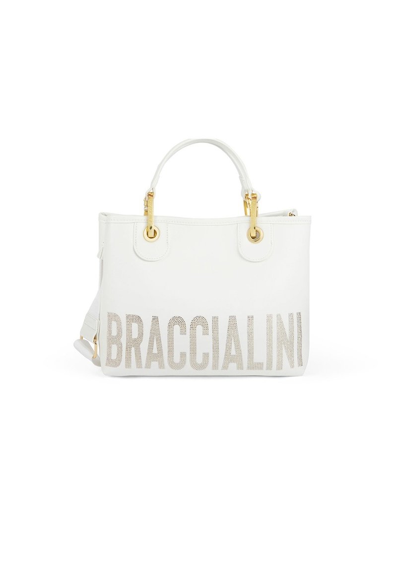 Witte handtas van synthetisch materiaal met metallic gouden hardware. Gedurfde "BRACCIALINI" lettering in zilver aan de voorkant. Twee korte handvatten.