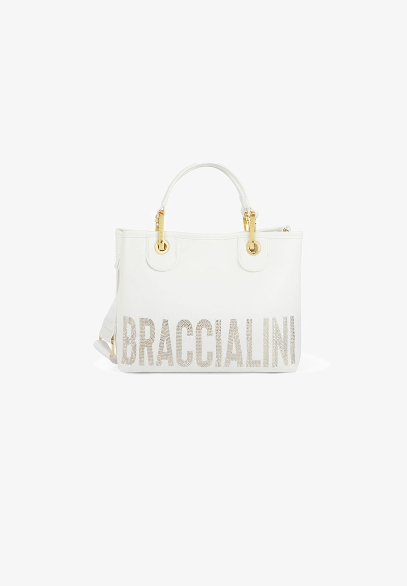Witte handtas van synthetisch materiaal met metallic gouden hardware. Gedurfde "BRACCIALINI" lettering in zilver aan de voorkant. Twee korte handvatten.
