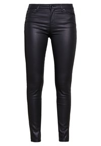 Svarta fusk-läder skinny byxor med en slät yta, hög midja, femficksdesign och knappstängning.