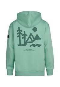 Felpa verde menta con una grafica che presenta alberi, montagne e un sole. Include polsini e orlo a coste; logo "PETROLIND" stampato in basso.